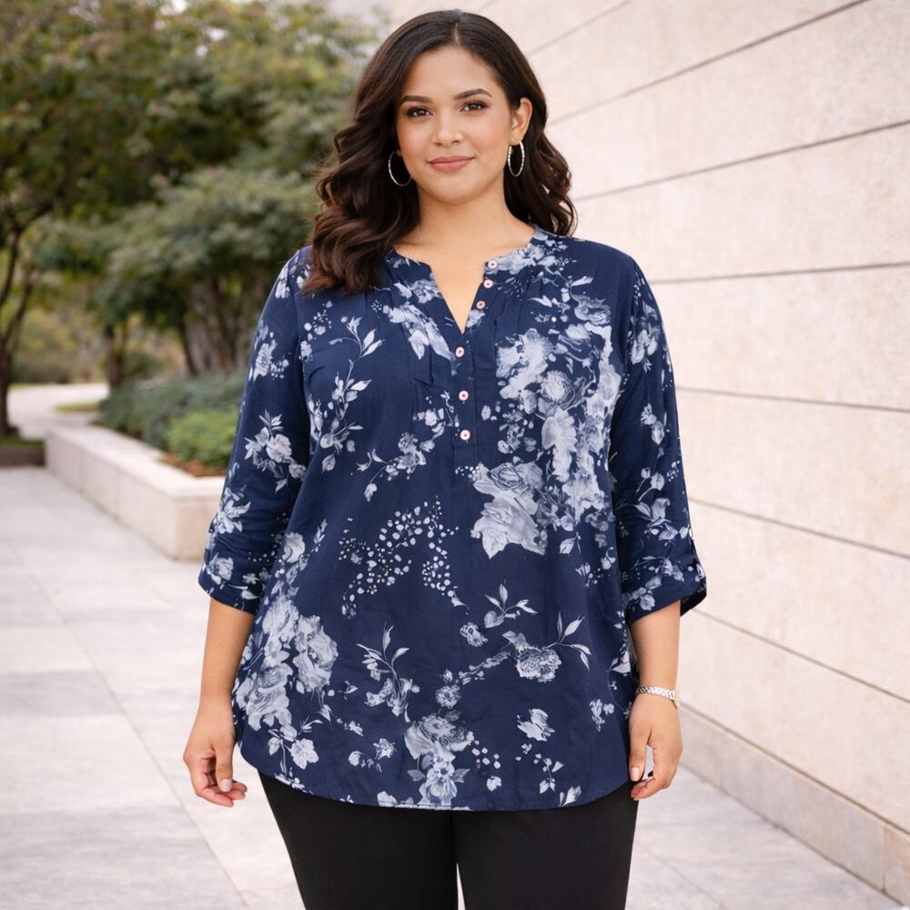 Soft Surroundings SZ 1X 100% Cotton Gray Floral 1/2 Button Front Tab Sleeve Top